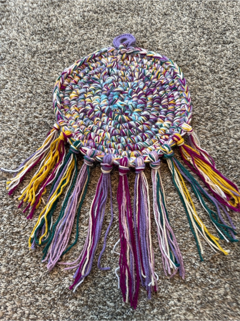 Handmade Multicolor Crochet Wall Hanging — Purple, Yellow & Teal Accent